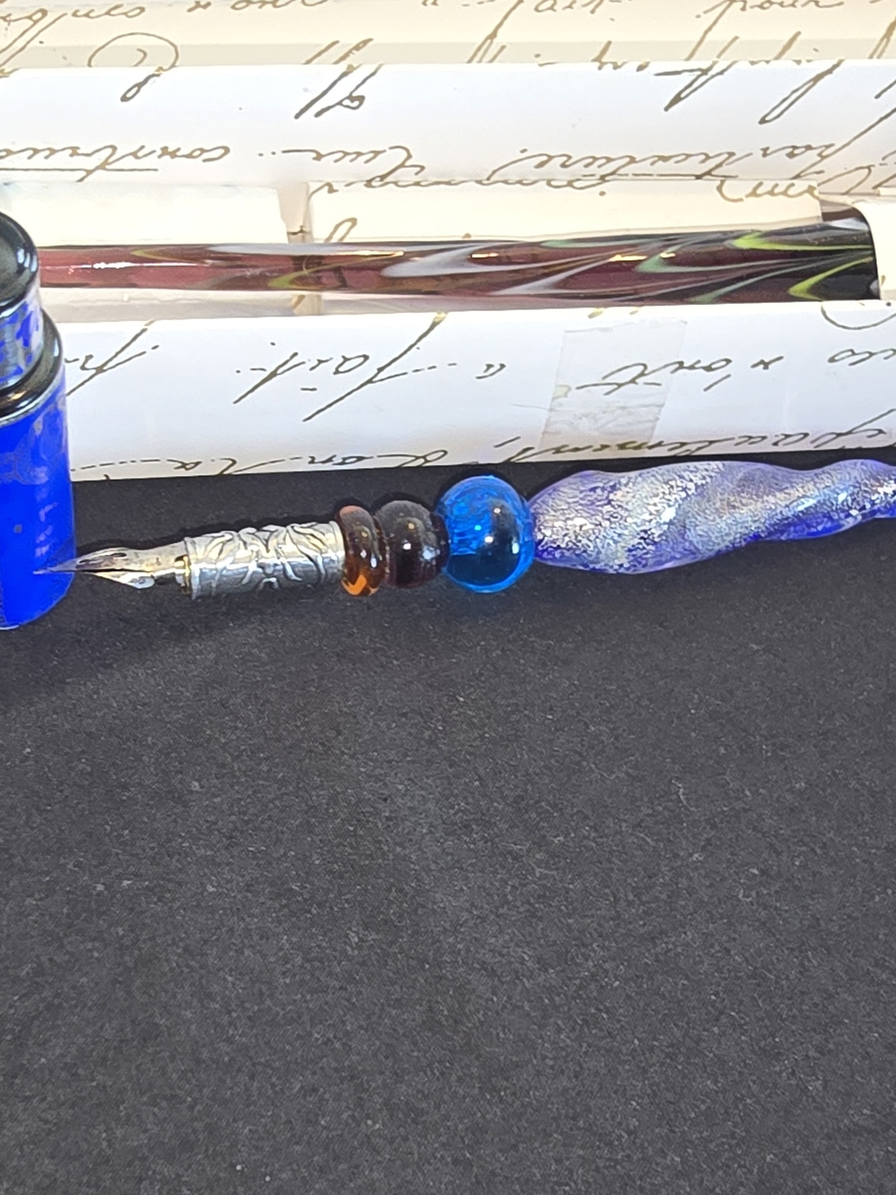 Murano Style Glass Dip Pen Set Blue & Black Ink Bottles Gift Box